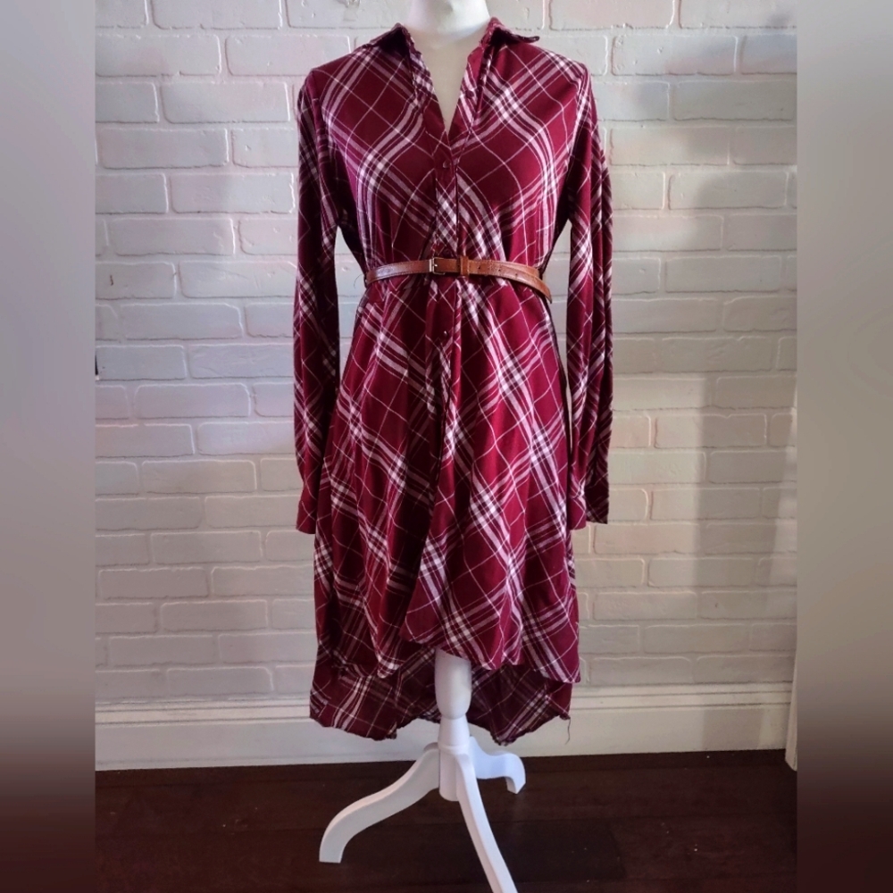 Burgundy & White Plaid High/ Low Shirt Dress